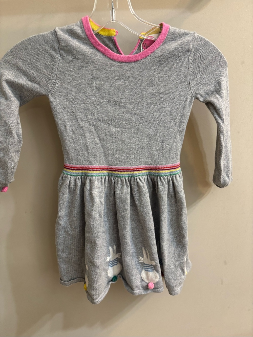 Kids Long-Sleeve Grey Dress with Pink Trim and Bunnies and Rainbow Waistband